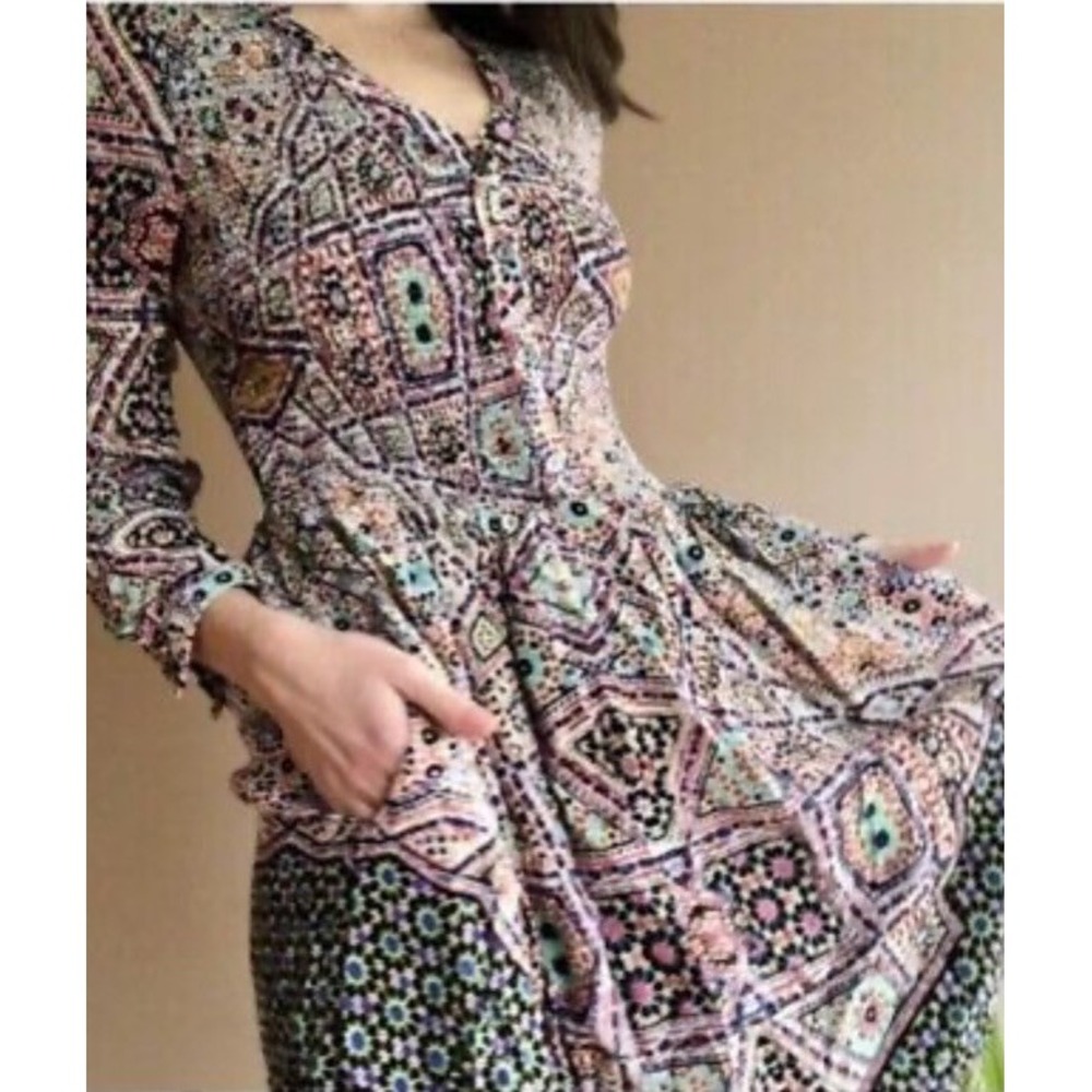 Anthropologie Maeve Womens Tiled Amethyst Smocked Long Sleeve Dress Size S Lined